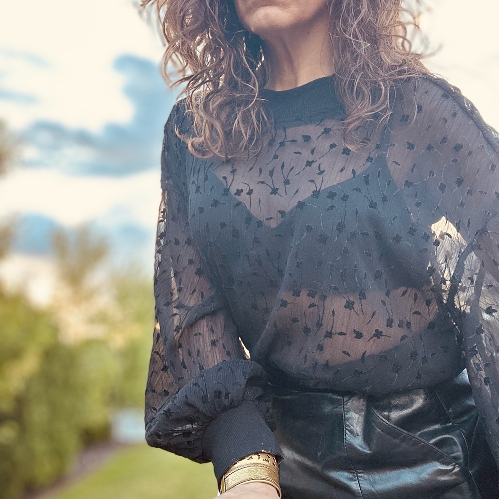 Zara Elegant Black Sheer Blouse with Subtle Pattern